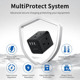 Black power adapter with 'MultiProtect System' features on a white background